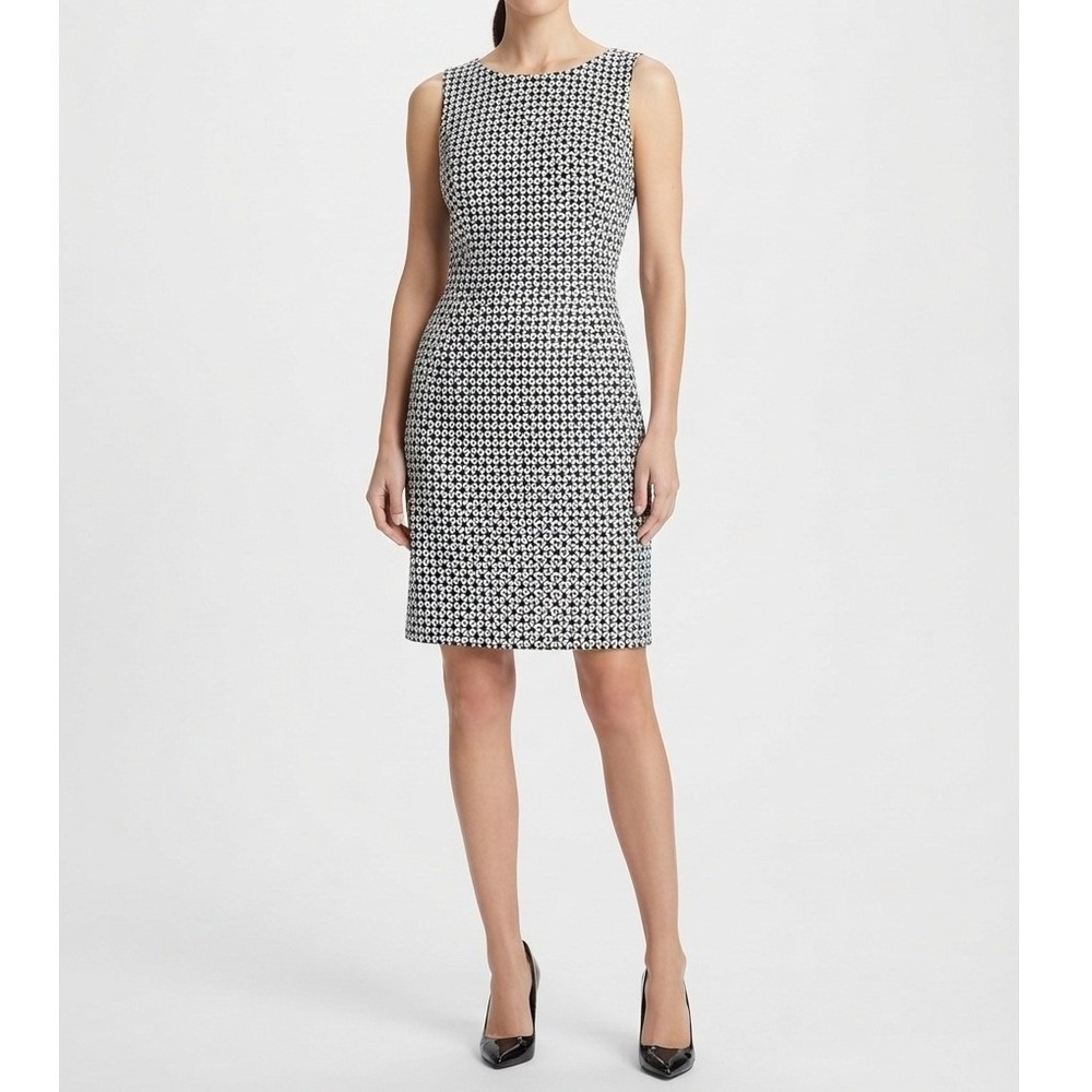 White House Black Market Geometric Sheath Dress Sleeveless Pockets Black White 6